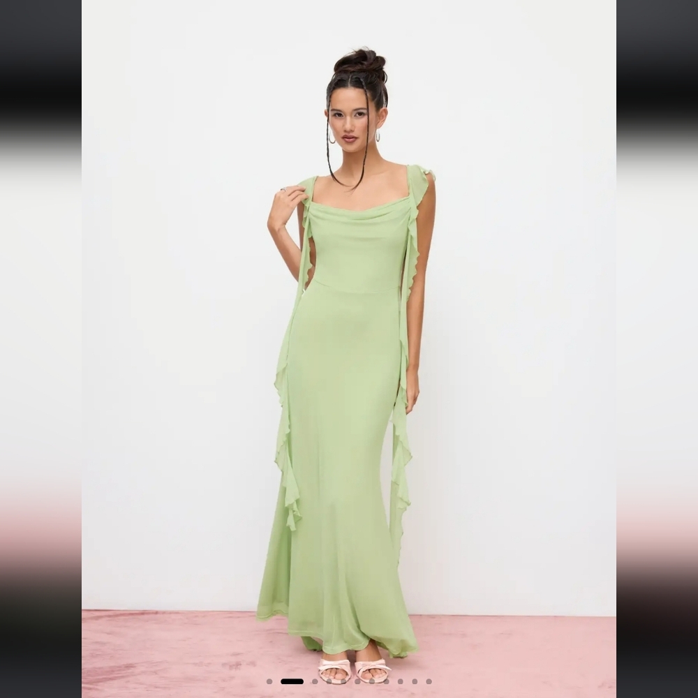 Sage Green Ruffle-Trim Formal Dress